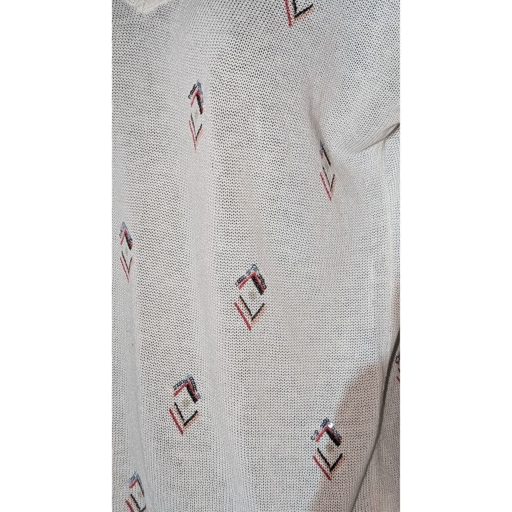 White House Black Market V Neck Knit Sweater Diamond Pattern Pullover Top Medium - Picture 3 of 5